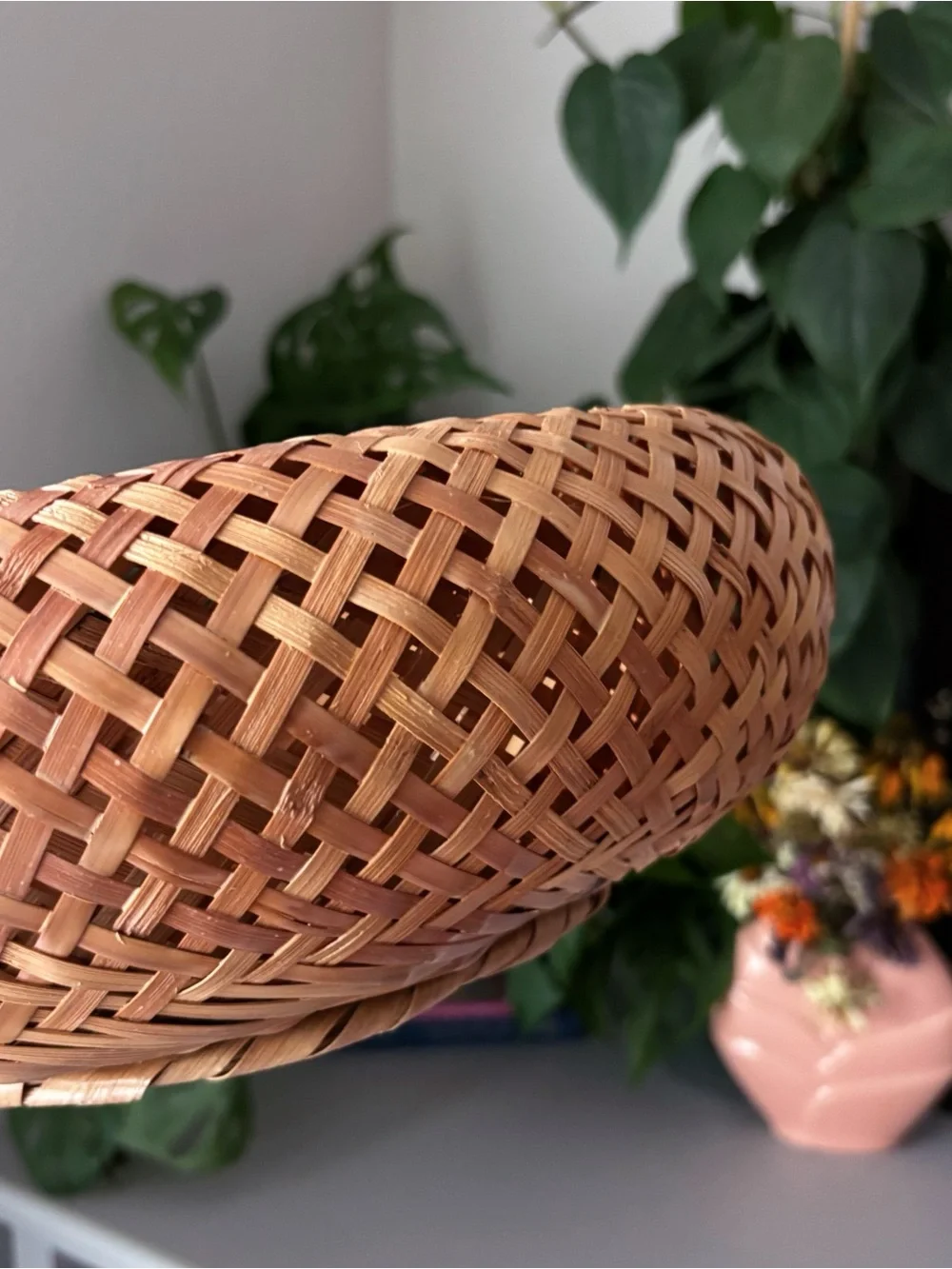 Woven Bamboo Rattan Basket Bowl Natural Boho Cottagecore Home Decor 11”